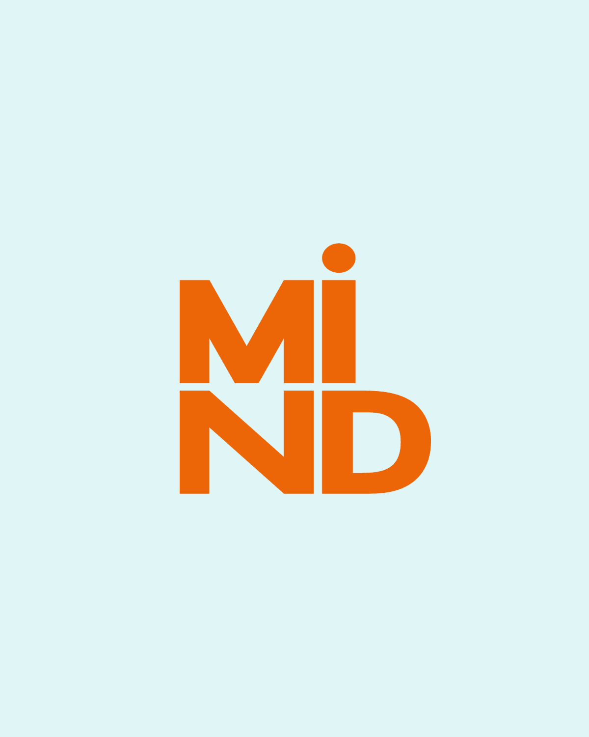 Minimalist orange MIND logo on a pale blue background, representing a modern and creative brand identity design.