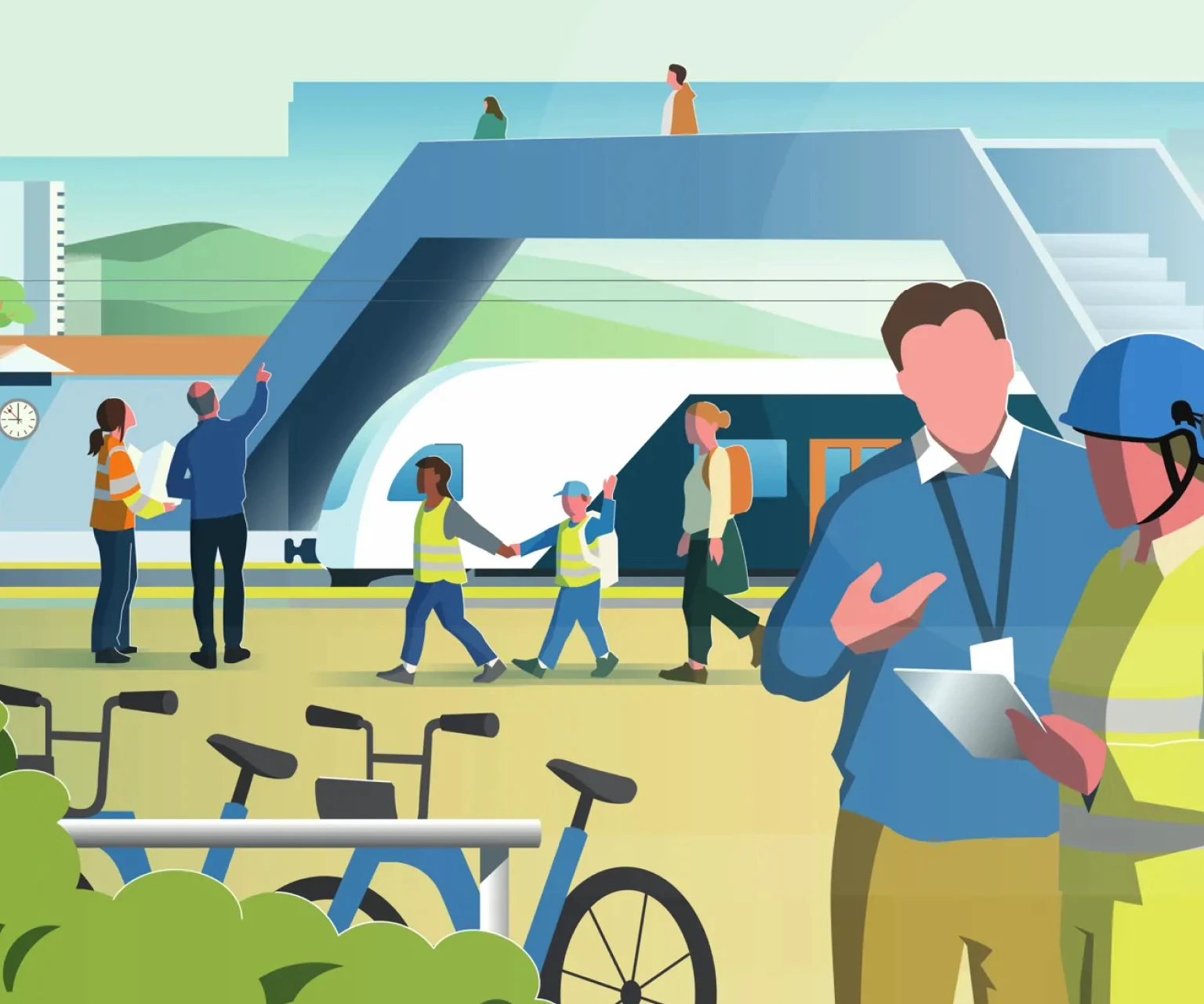 Modern flat-style illustration of a busy train station scene with commuters, children in safety vests, bicycles, and a pedestrian bridge, representing sustainable urban mobility and public transport.