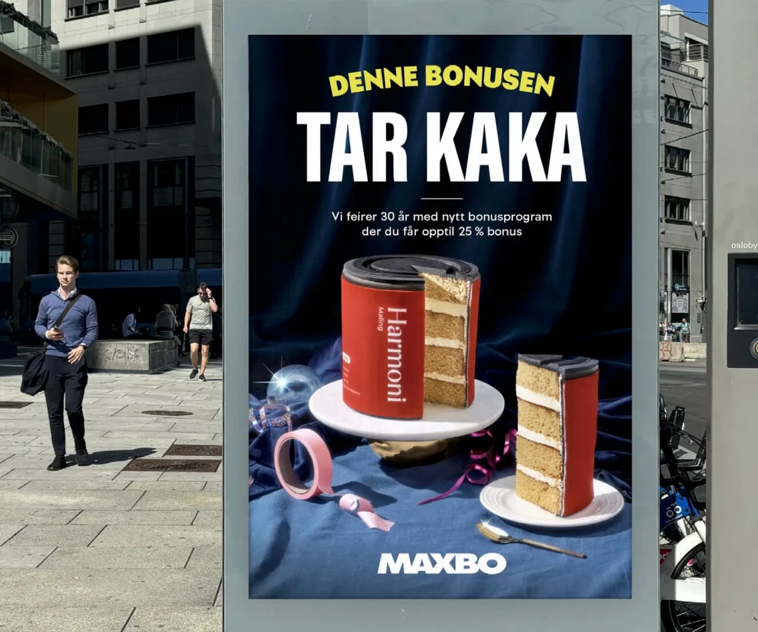 MAXBO advertising poster with paint bucket shaped like a cake, promoting 30-year bonus program with up to 25% bonus.
