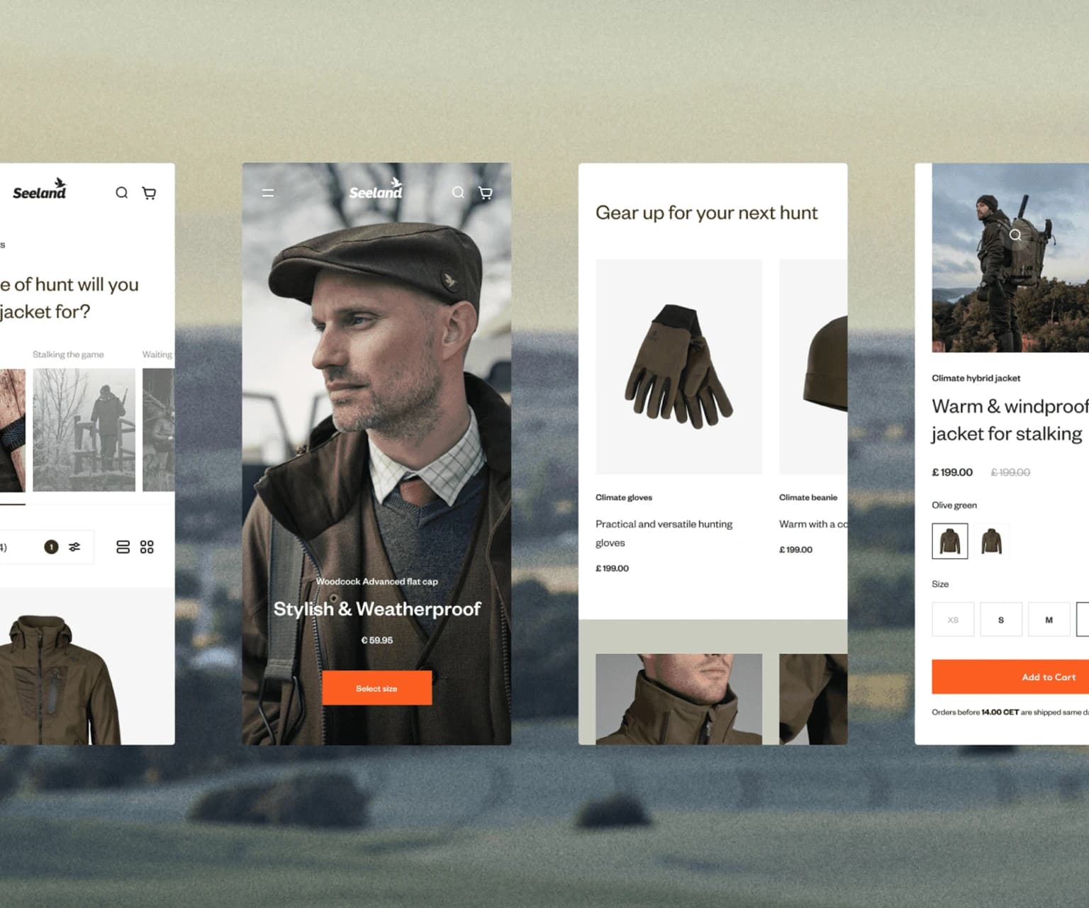 Seeland online store showcasing stylish weatherproof hunting gear including flat cap, gloves, and beanie.