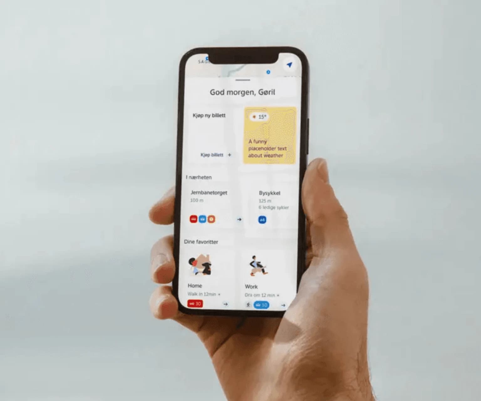 Hand holding smartphone with public transport app showing tickets, nearby stations, bike availability, and commute options.