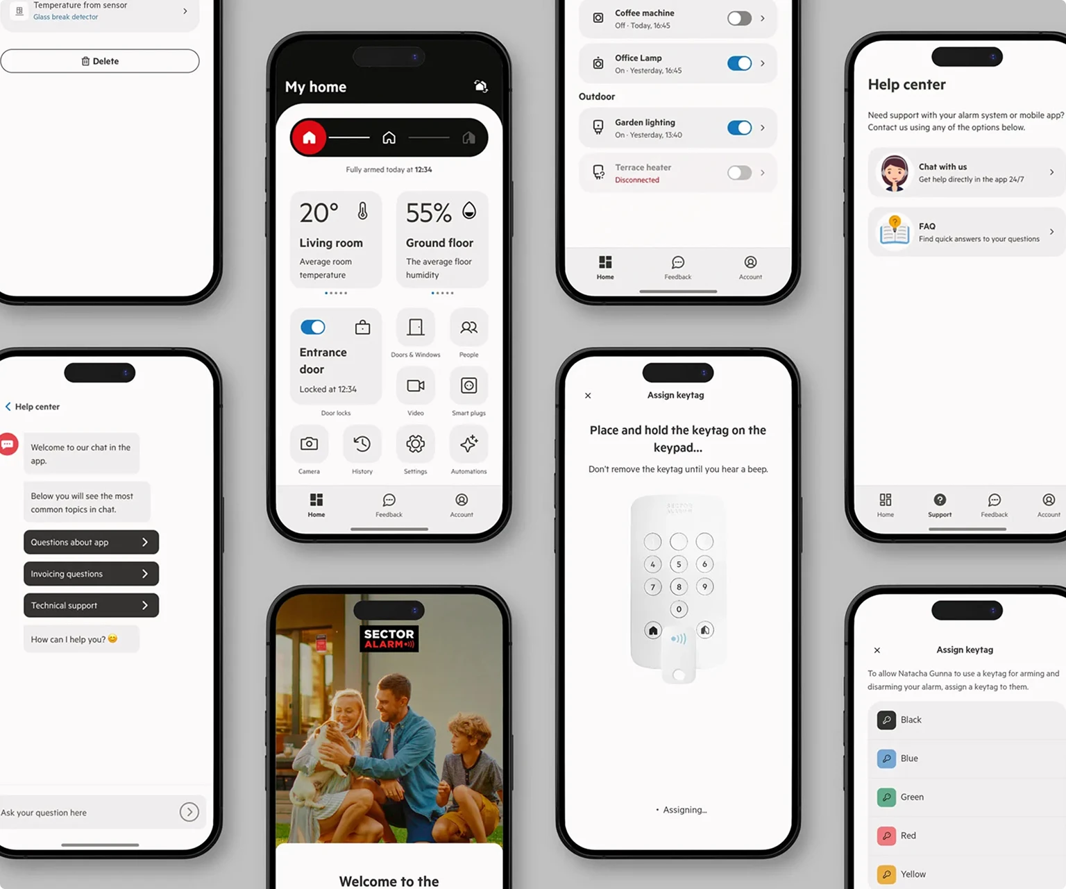 Sector Alarm smart home mobile app displayed on multiple smartphones, showcasing home automation, security settings, temperature and humidity monitoring, and keytag setup for connected living.