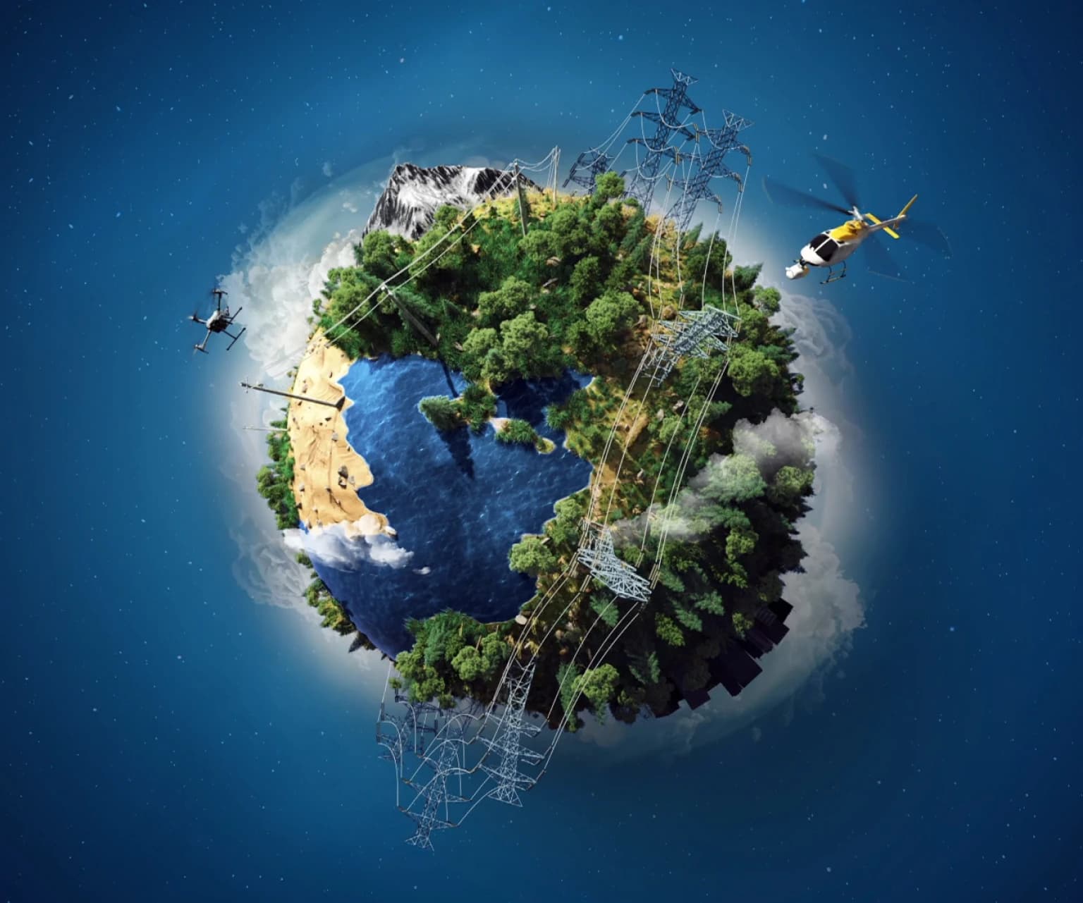Illustration of Earth with forests, oceans, power lines, drones, and a helicopter symbolizing global energy and technology.
