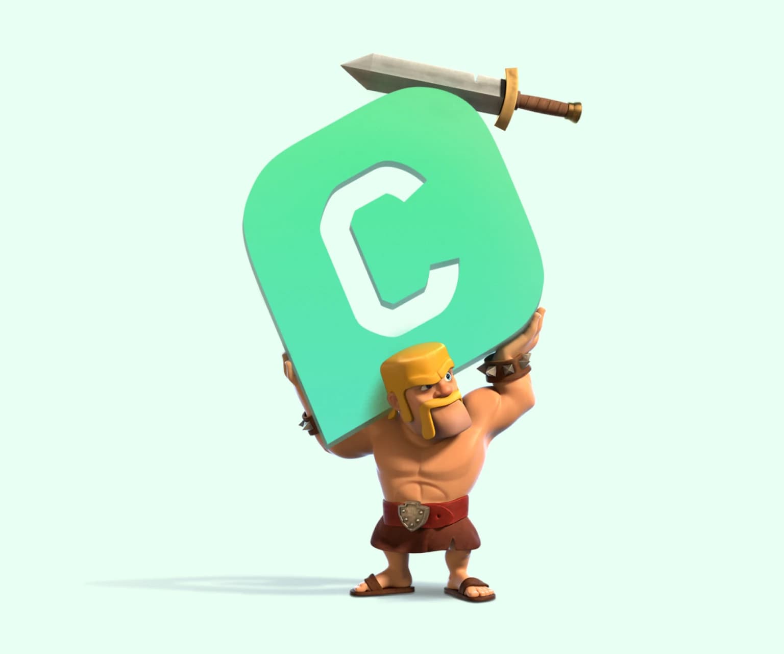 Stylized game warrior character holding a large green “C” logo with a sword balanced on top, symbolizing the Clash-themed visual identity.