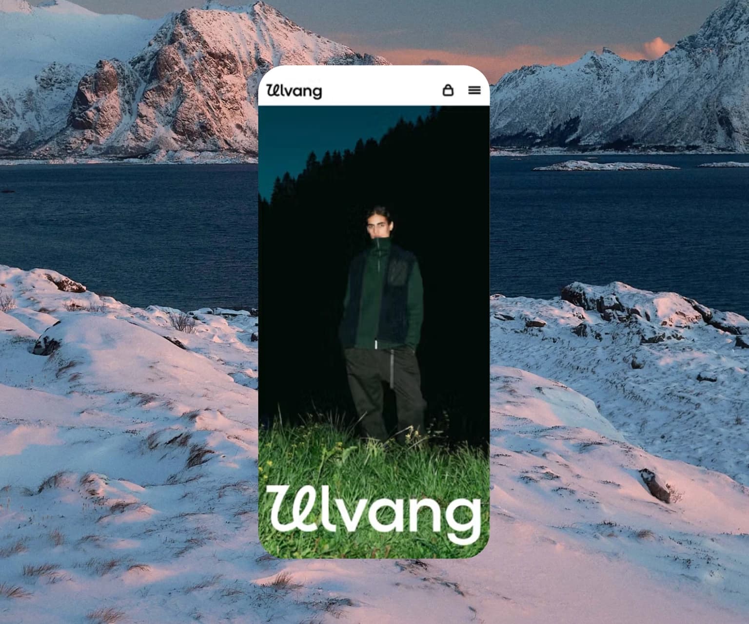 Ulvang outdoor clothing website displayed on a smartphone mockup with a snowy Nordic mountain backdrop, highlighting the brand’s connection to nature and performance wear.