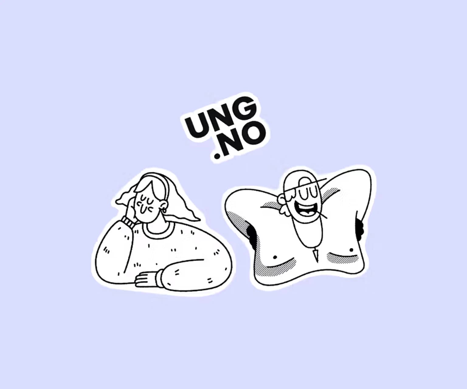 Illustration of two cartoon-style characters with the logo UNG.NO on a light purple background.