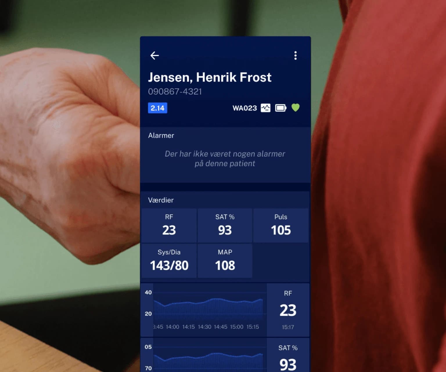 Mobile health monitoring app showing patient vitals including pulse, blood pressure, oxygen saturation, and respiratory rate.