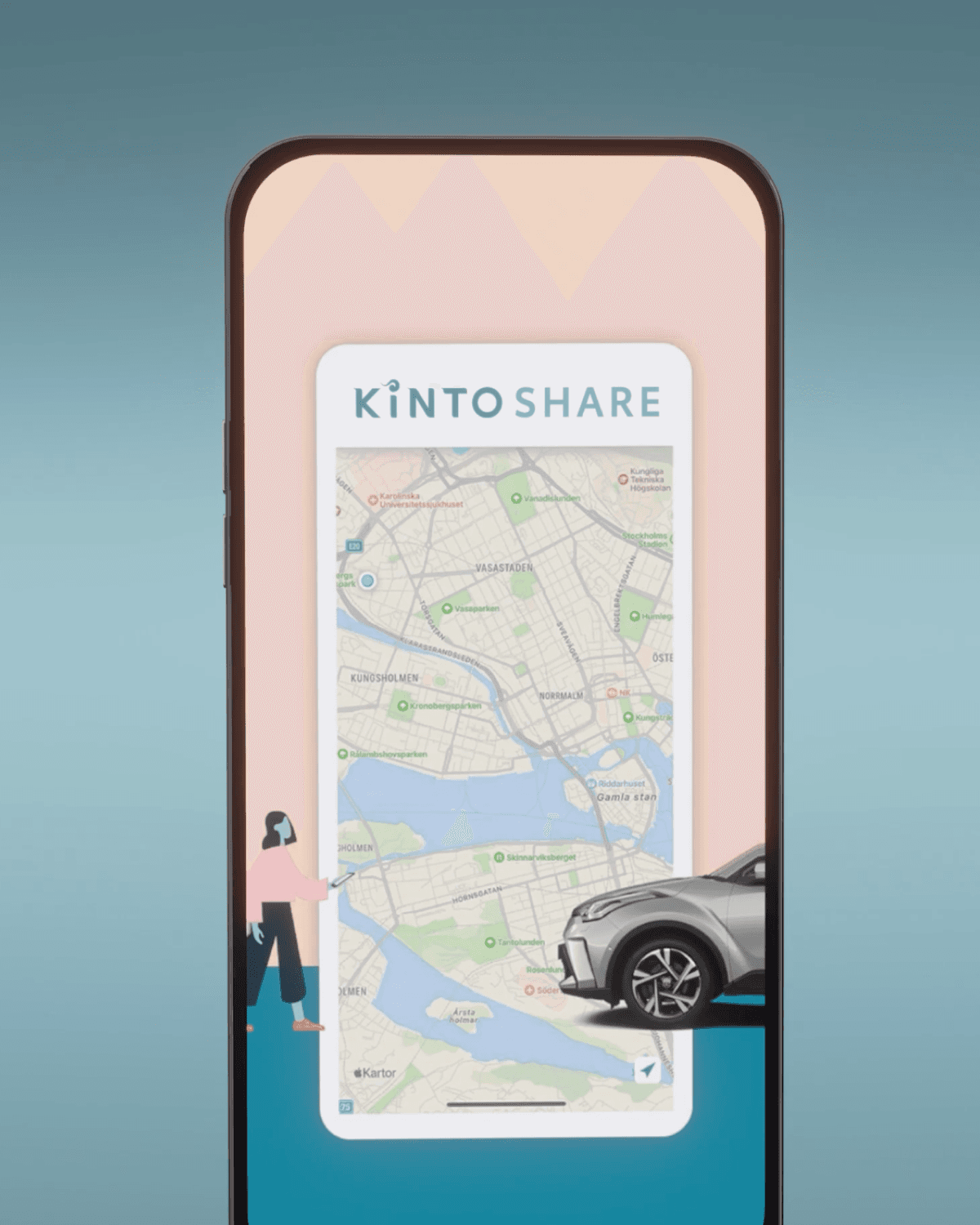 KINTO Share mobile app interface showing a city map for car sharing, with illustrated figure and car graphic.