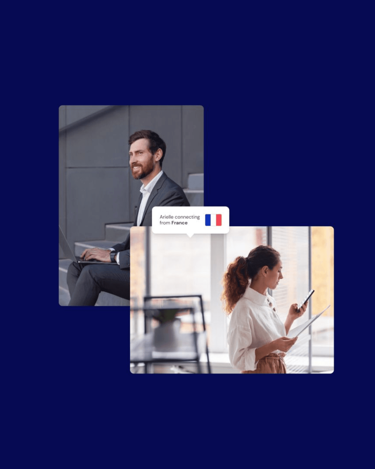 Business professionals connecting remotely, with a notification showing Arielle joining from France.