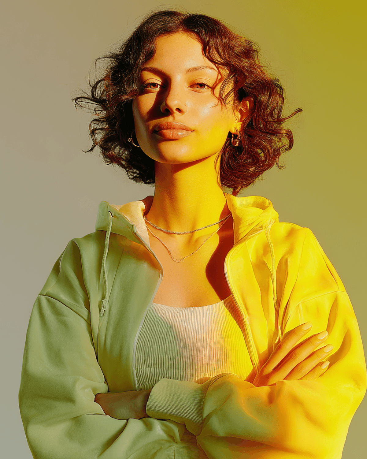 Confident young woman in casual yellow hoodie, arms crossed, lit by dramatic golden light.